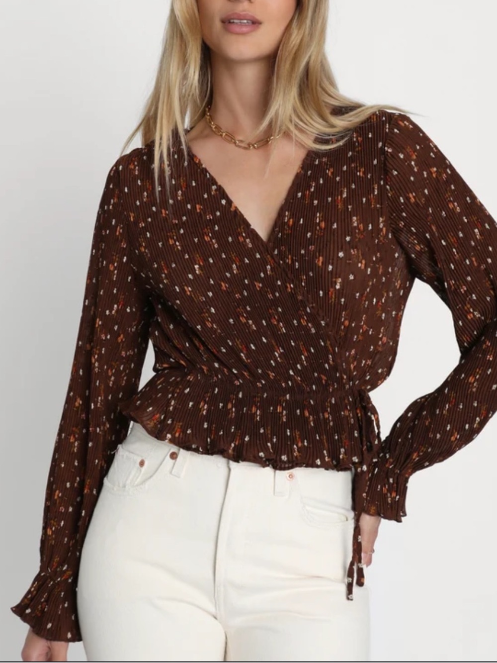 Lulu's Chocolate Brown Floral Wrap Blouse